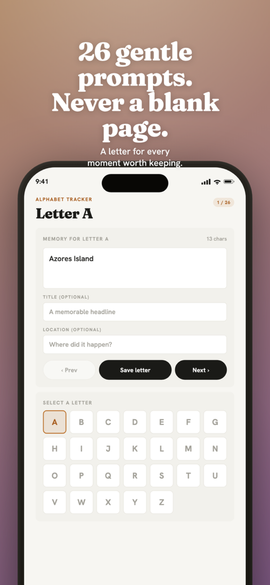 26 gentle prompts, never a blank page: the A to Z tracker